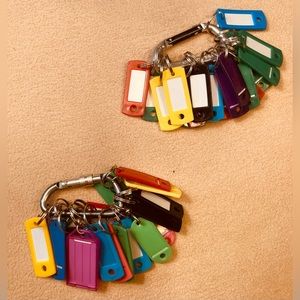 Two aluminum snap hooks with multiple key tags and labels for designating keys